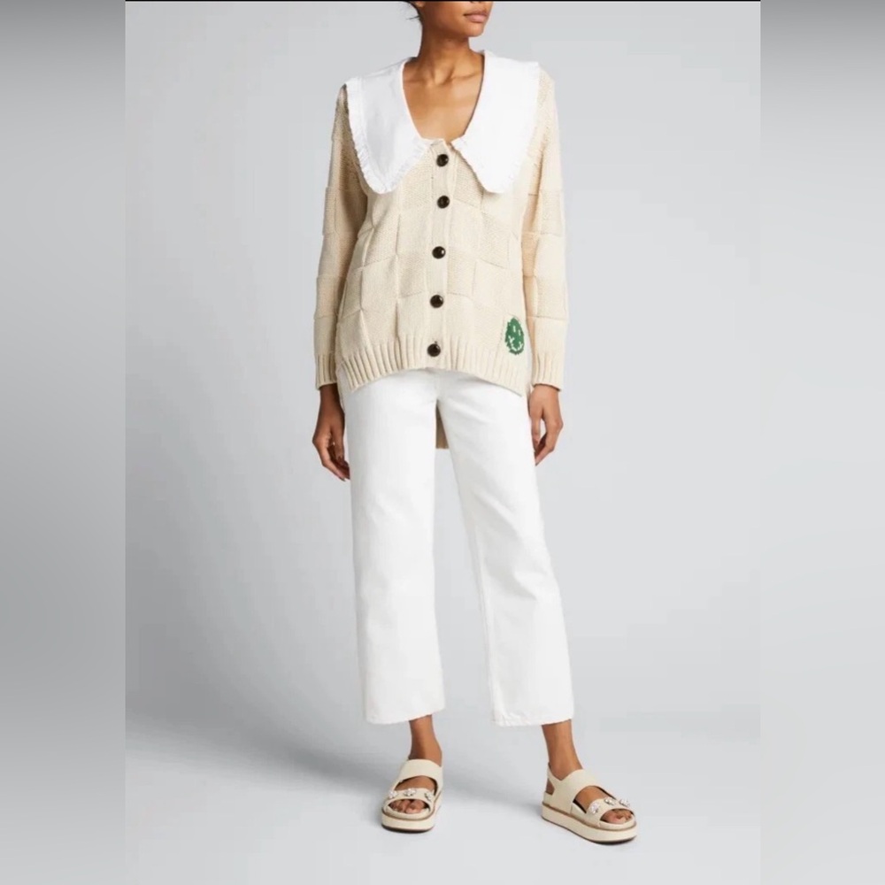Ganni Beige Cardigan with White Ruffled Collar
